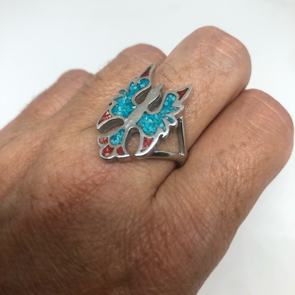 Vintage Thunderbird Ring Turquoise Coral Inlay - Picture 2 of 7